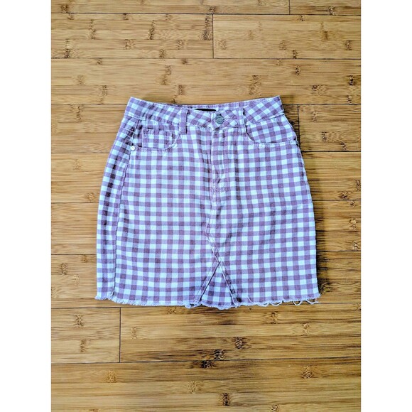 Missguided Sz 2 Pink White Gingham Denim Mini Skirt Distressed Y2K Stretch 24" - Picture 2 of 8